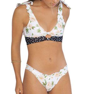 White Floral Print Knot Keyhole Bikini